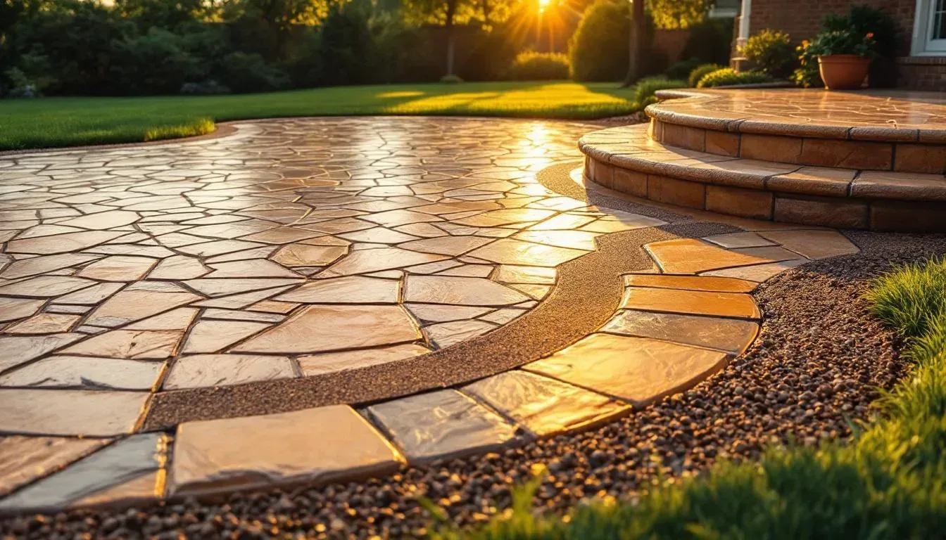 Decorative concrete patio with custom color and texture finishes installed at a Kansas City home