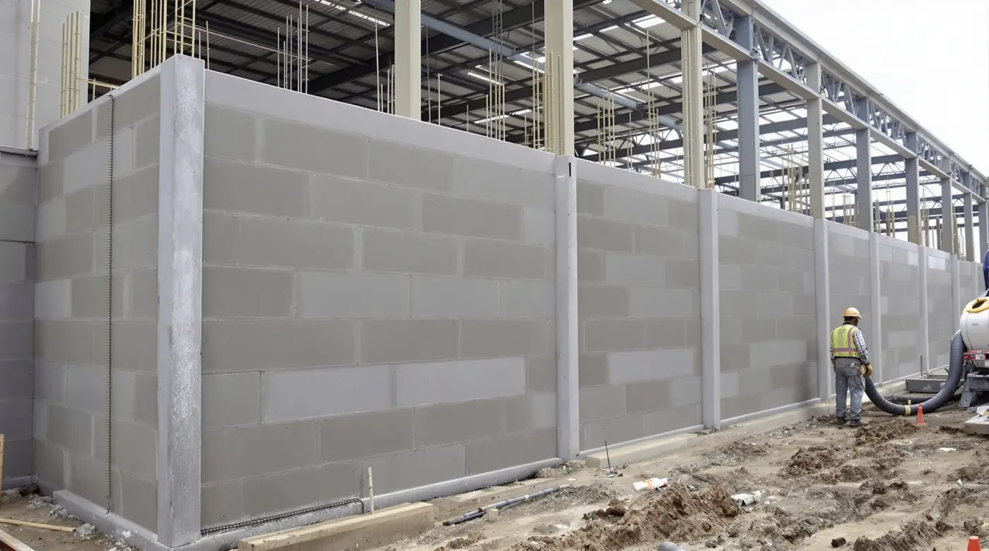 Dock leveler pit formwork with embed plates on a Kansas City warehouse construction site