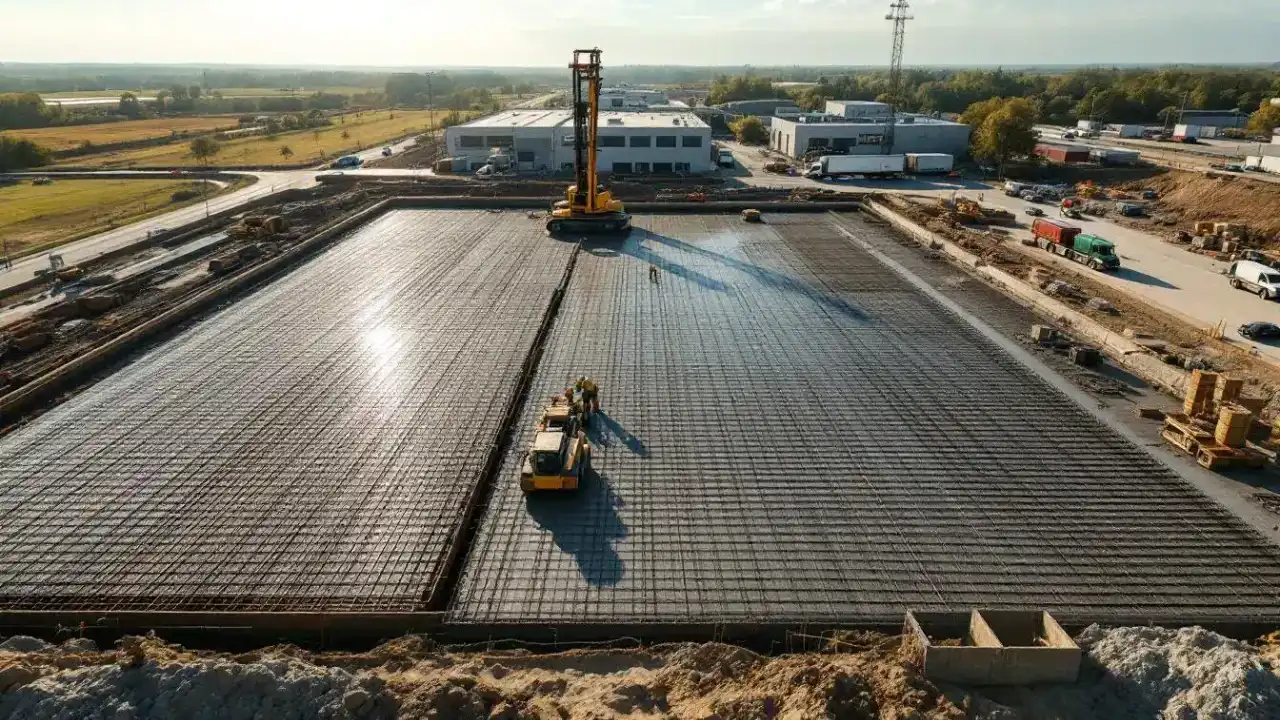 Commercial mat foundation pour with rebar grid on a Belton, MO light industrial project